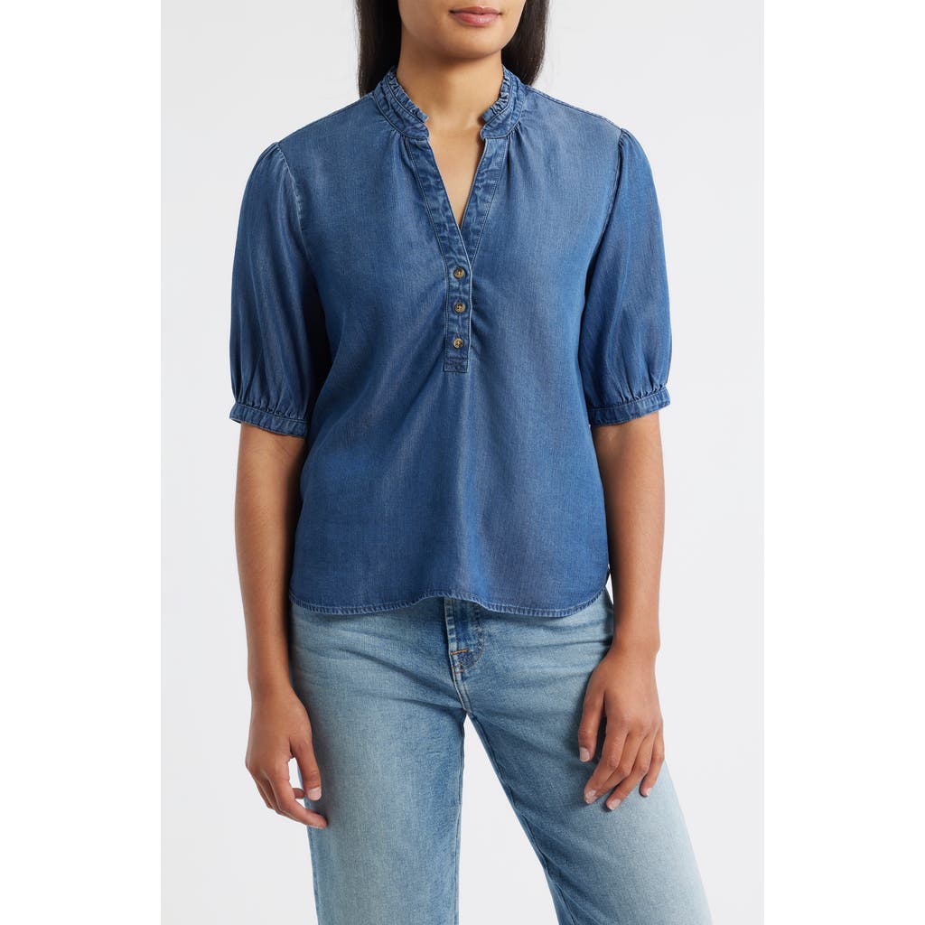 Cloth & Stone Puff Sleeve Half Placket Chambray Top In Blue
