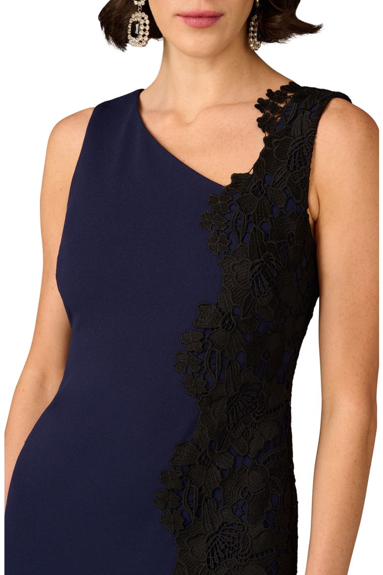 Lace Trim Crepe Midi Cocktail Dress, Alternate, color, NAVY/ BLACK