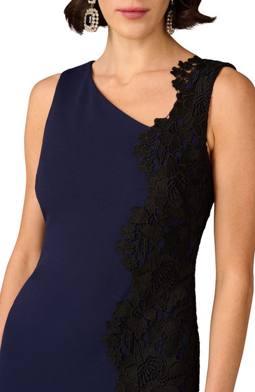 Aidan Mattox By Adrianna Papell Lace Trim Crepe Midi Cocktail Dress In Blue