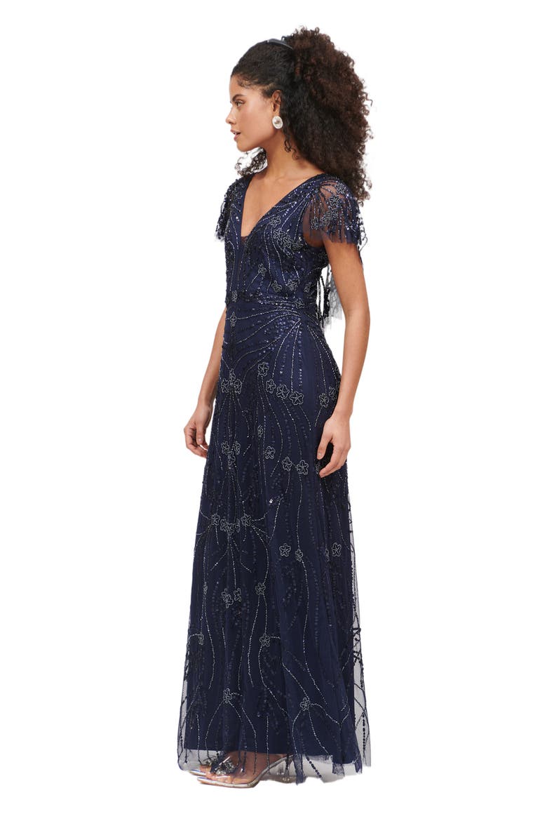 Occasion Embellished Sequin Beaded Deep V Neck Evening Maxi Dress, Alternate, color, MID NIGHT BLUE