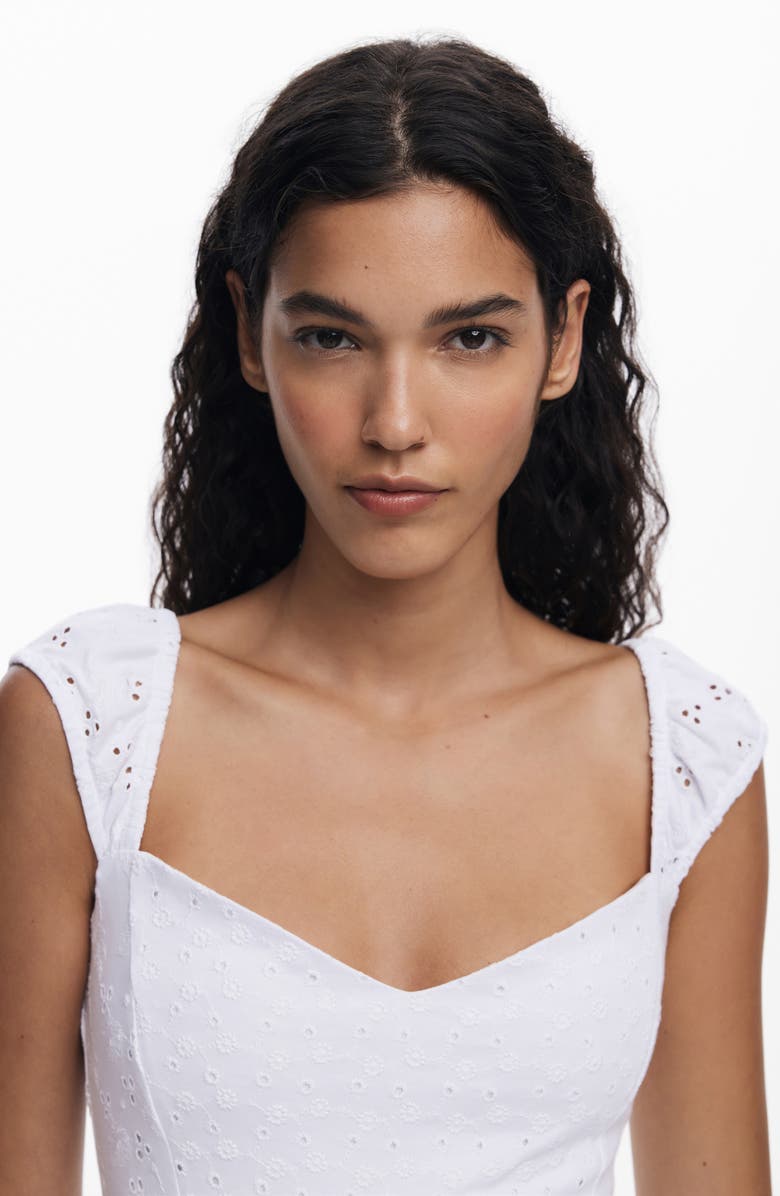 Desigual Sleeveless Embroidered Eyelet Cotton Midi Dress, Alternate, color, White