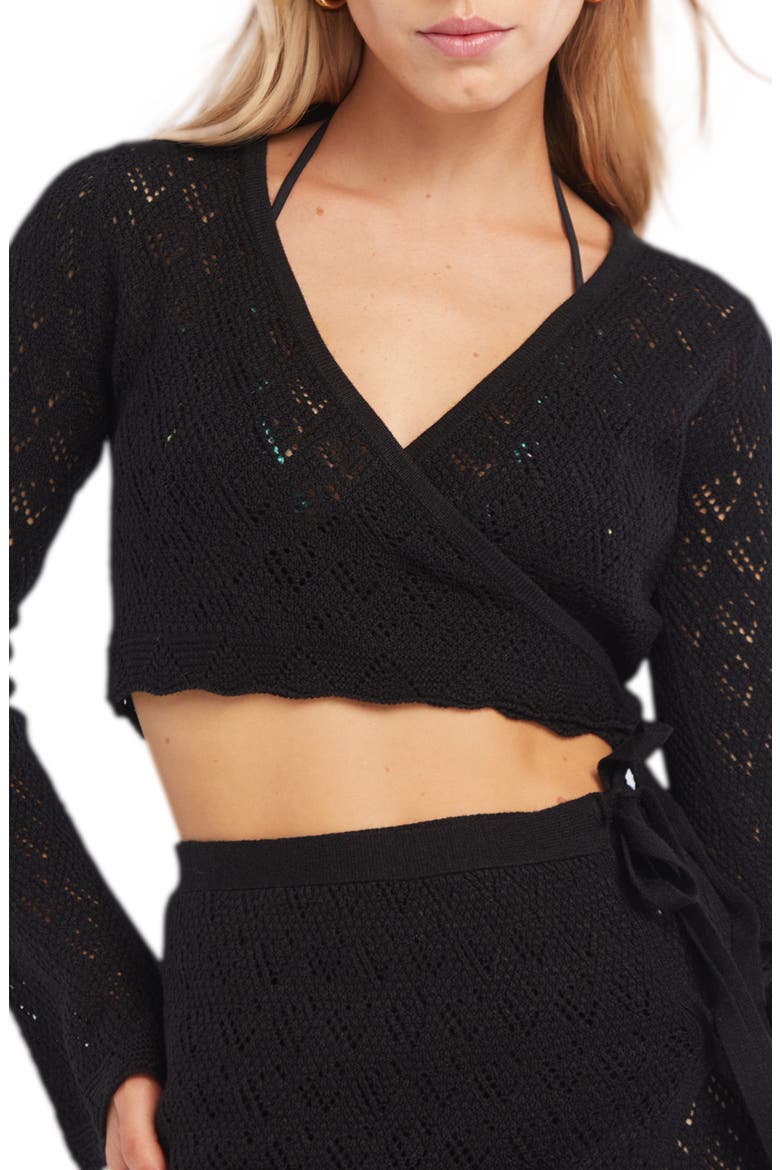 Kaia Openwork Crochet Crop Cover-Up Sweater, Main, color, BLACK