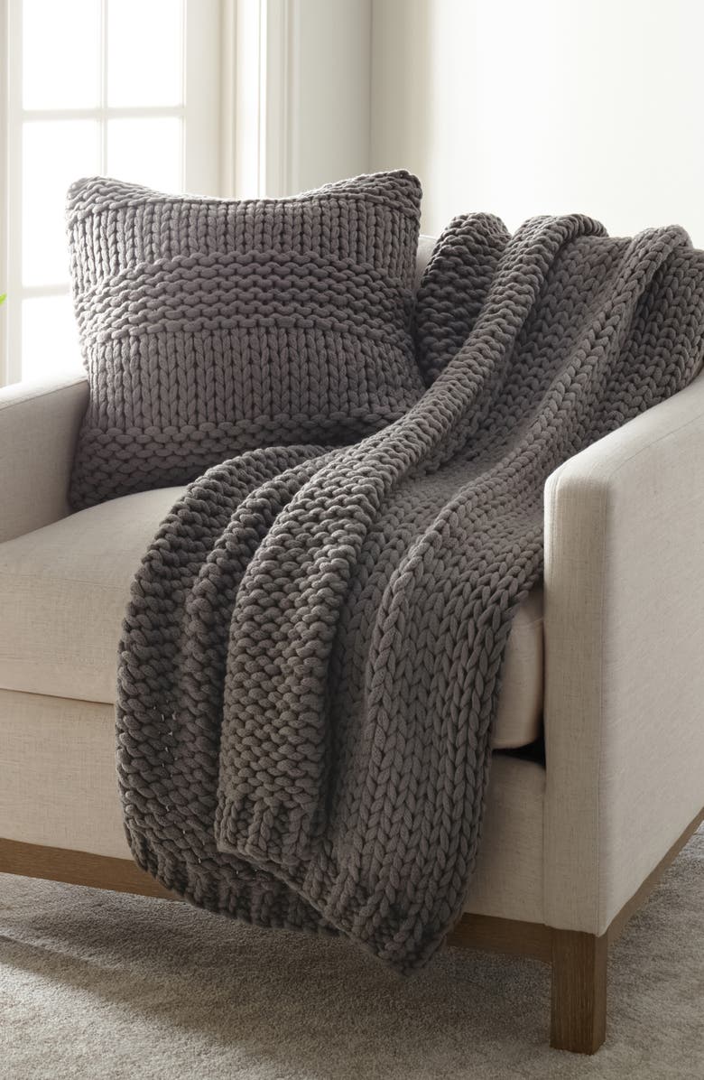 HOMESPUN Chunky Knit Accent Pillow & Oversize Throw Blanket Set, Alternate, color, Gray