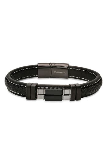 Hmy Jewelry Hematite & Black Agate Leather Bracelet