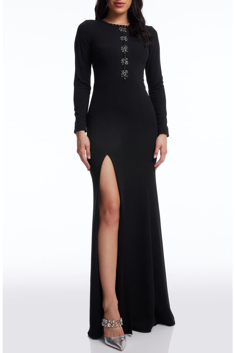 Samia Placed Sequin Floral Long Sleeve Mermaid Gown, Main, color, BLACK
