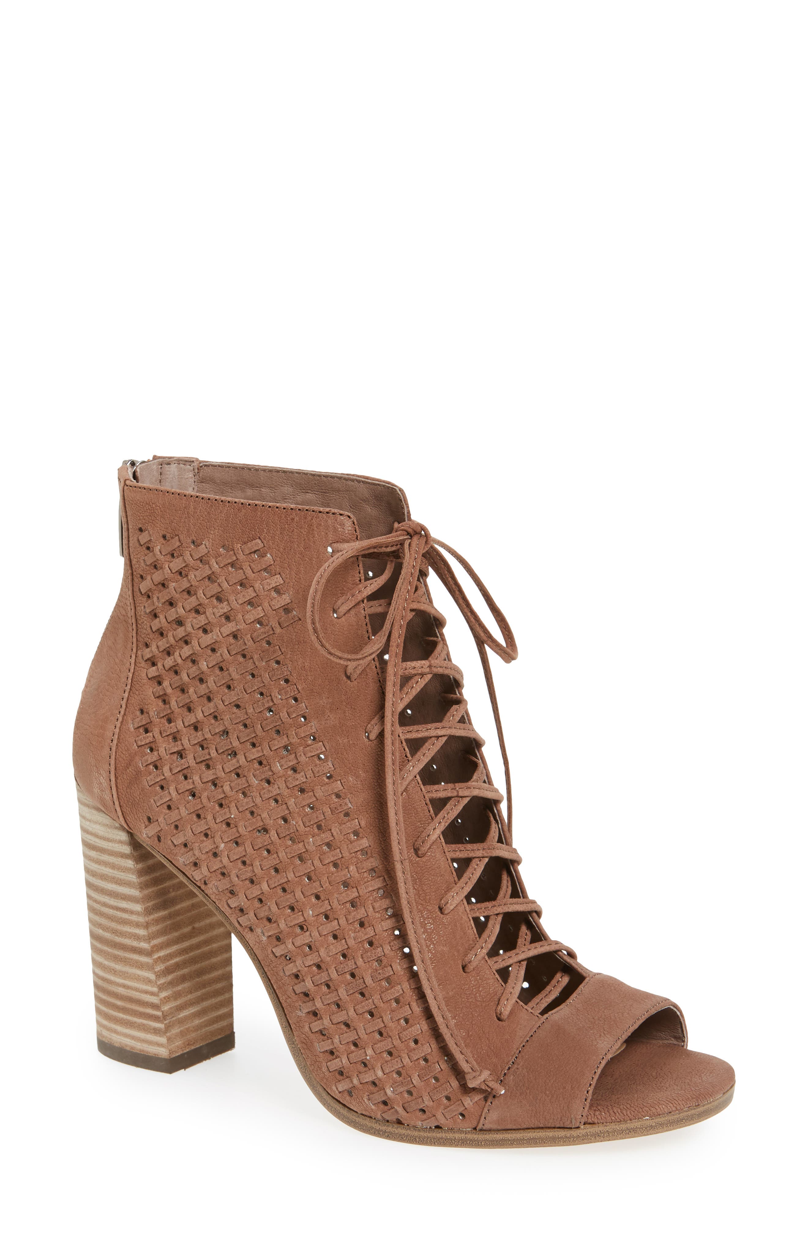 Kevina Lace-Up Open Toe Bootie, Main, color, SMOKE TAUPE LEATHER