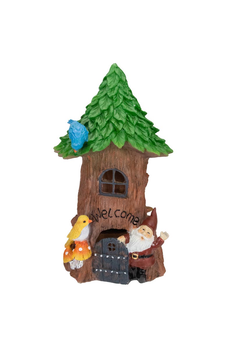 Northlight 14" Solar Lighted Welcome Gnome Tree House Outdoor Garden Statue, Main, color, Brown