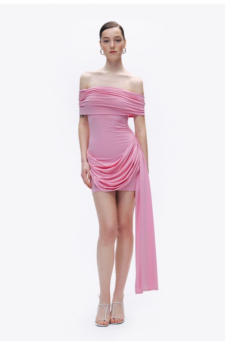 Nocturne Pink Ruched Off Shoulder Draped Mini Dress, Main, color, 