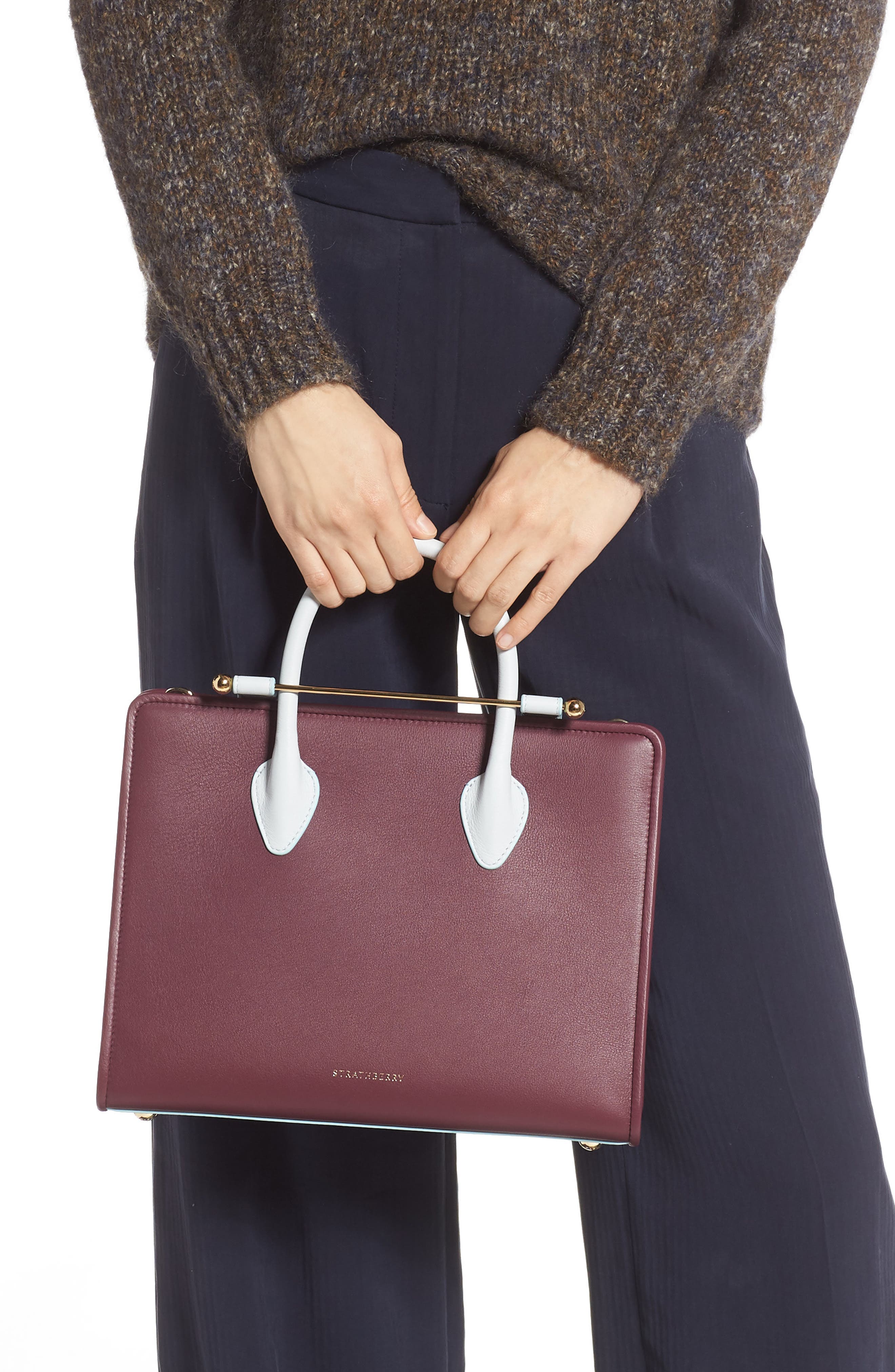 Midi Bicolor Leather Tote, Alternate, color, PURPLE POTION/ ILLUSION BLUE
