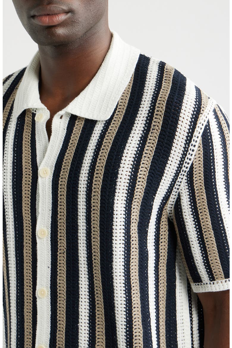 Porto Stripe Crochet Knit Polo, Alternate, color, ECRU / BLACK