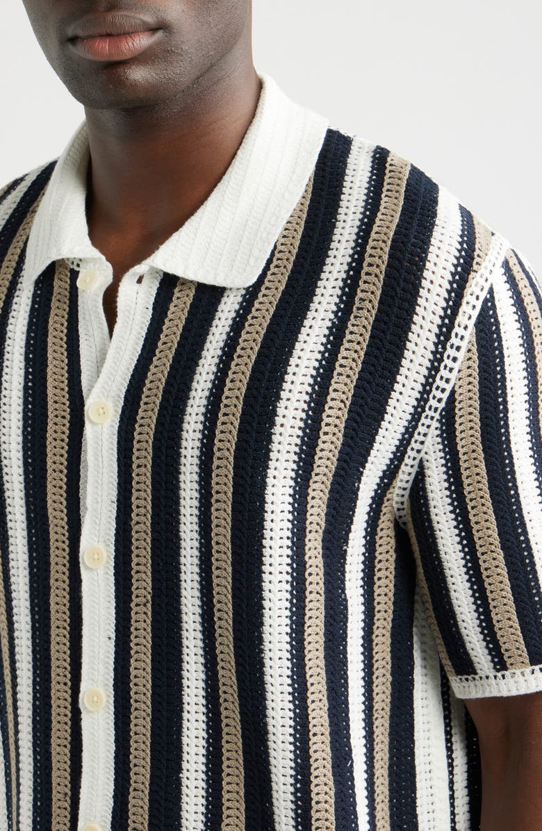 Wax London Porto Stripe Crochet Knit Polo, Alternate, color, Ecru / Black