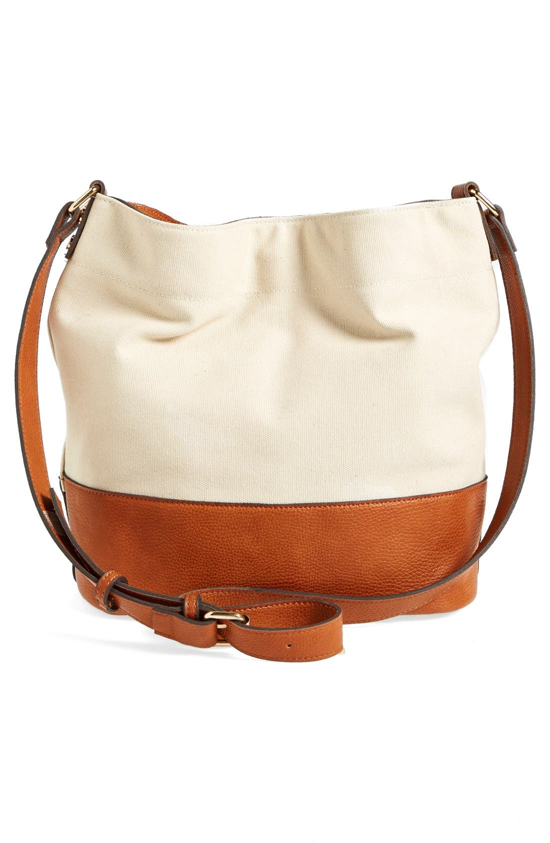 Canvas & Faux Leather Bucket Bag, Alternate, color, COGNAC