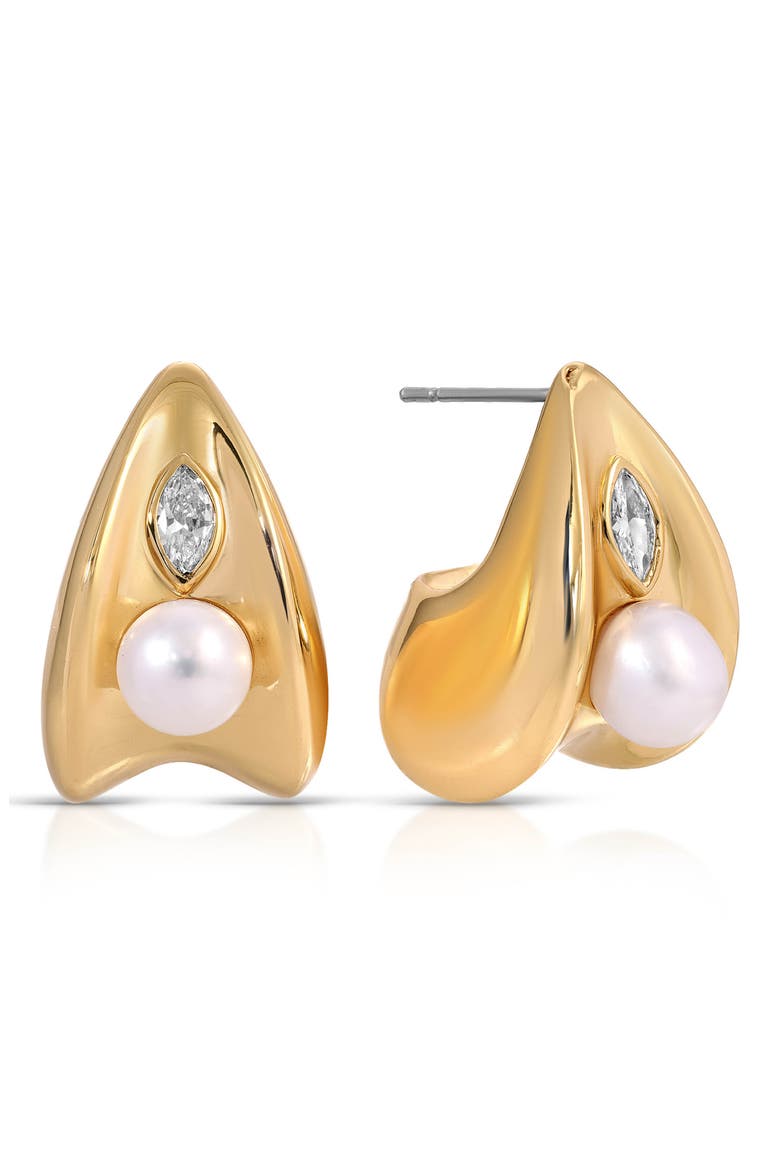 Hera Freshwater Pearl Huggie Earrings, Main, color, GOLD