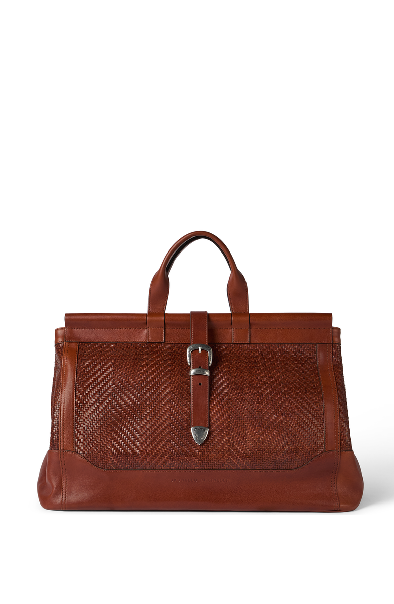 Brunello Cucinelli Braided leather and cowhide bag, Main, color, Cognac