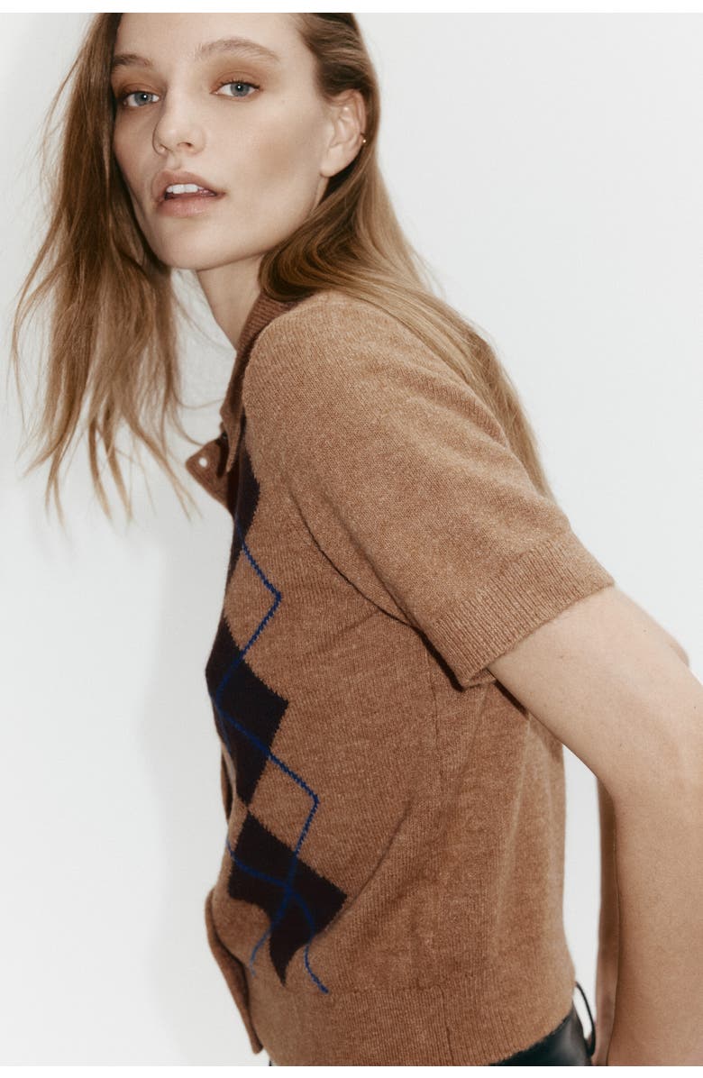 H&M Collared Cardigan, Alternate, color, Dark Beige/Argyle