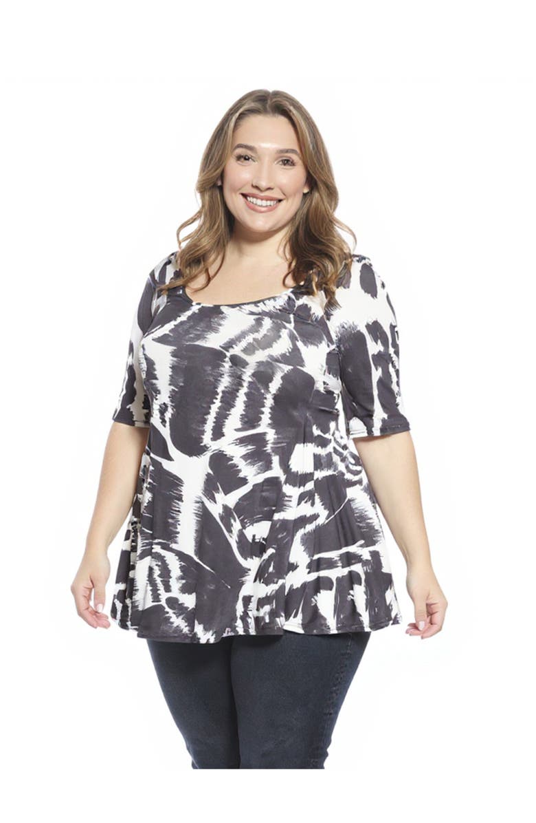 24seven Comfort Apparel Plus Size Abstract Scoop Neck Elbow Sleeve Tunic Top, Alternate, color, Black Multi
