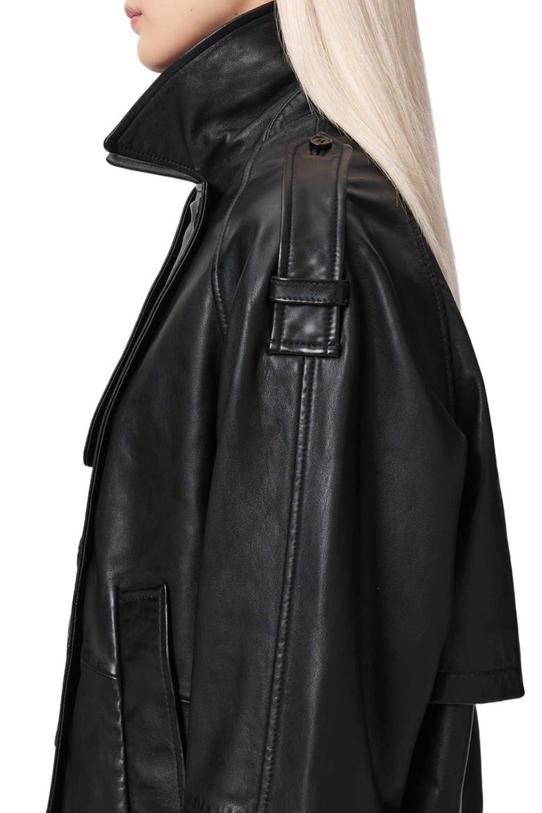 Reya Crop Leather Trench Coat, Alternate, color, BLACK