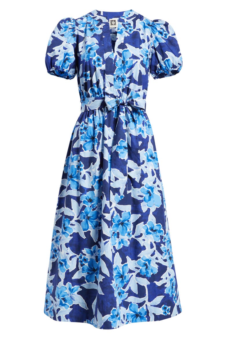 Floral Belted Puff Sleeve Cotton Midi Dress, Alternate, color, SANTORINI BLUE MULTI