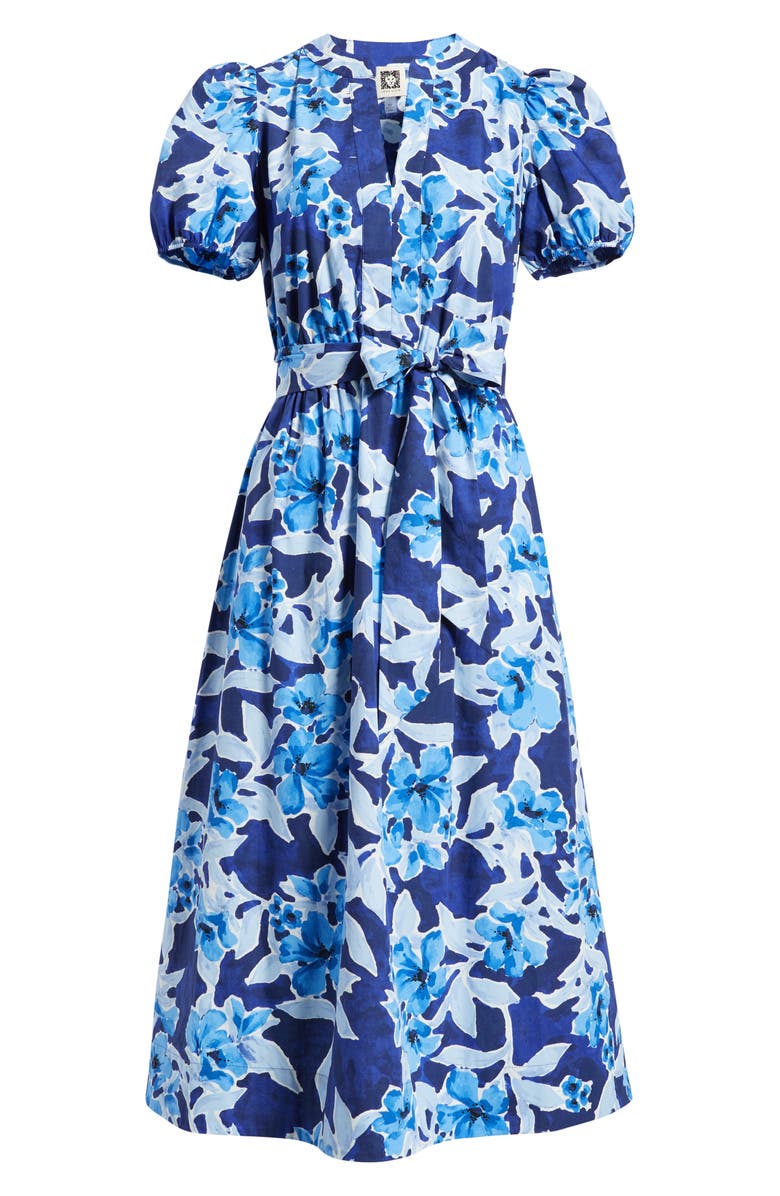 Anne Klein Floral Belted Puff Sleeve Cotton Midi Dress, Alternate, color, Santorini Blue