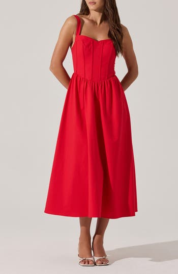 Astr The Label Structured Cotton Blend Midi Fit & Flare Dress In Red
