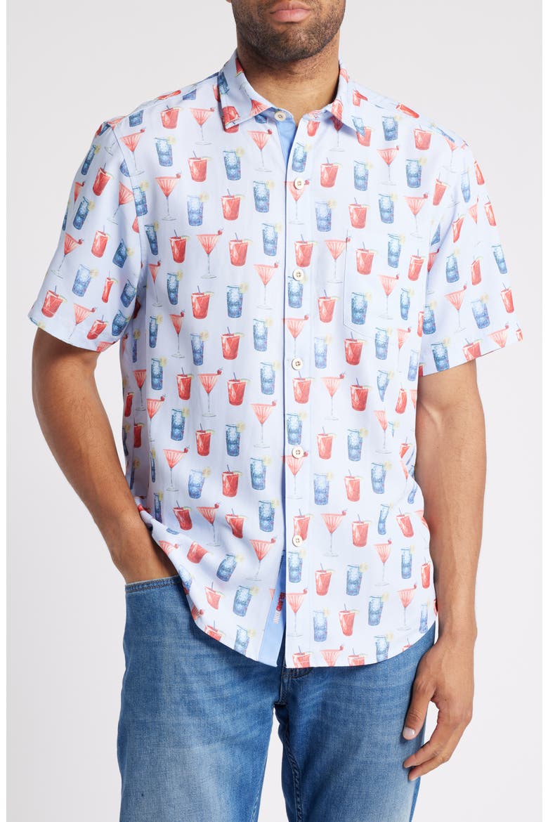 Coconut Point Red, White and Cheers IslandZone® Short Sleeve Button-Up Shirt, Main, color, CHAMBRAY BLUE