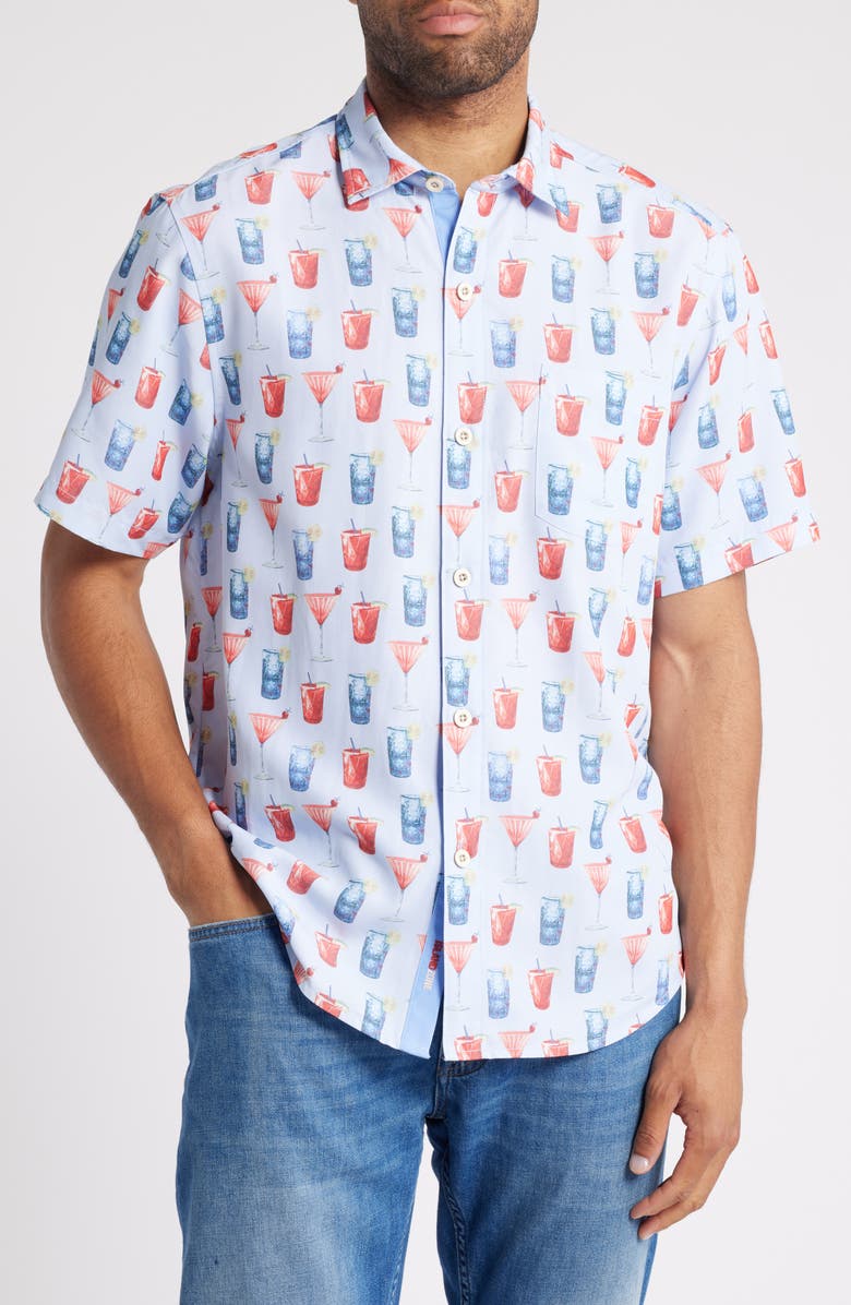 Tommy Bahama Coconut Point Red, White and Cheers IslandZone<sup>®</sup> Short Sleeve Button-Up Shirt, Main, color, Chambray Blue
