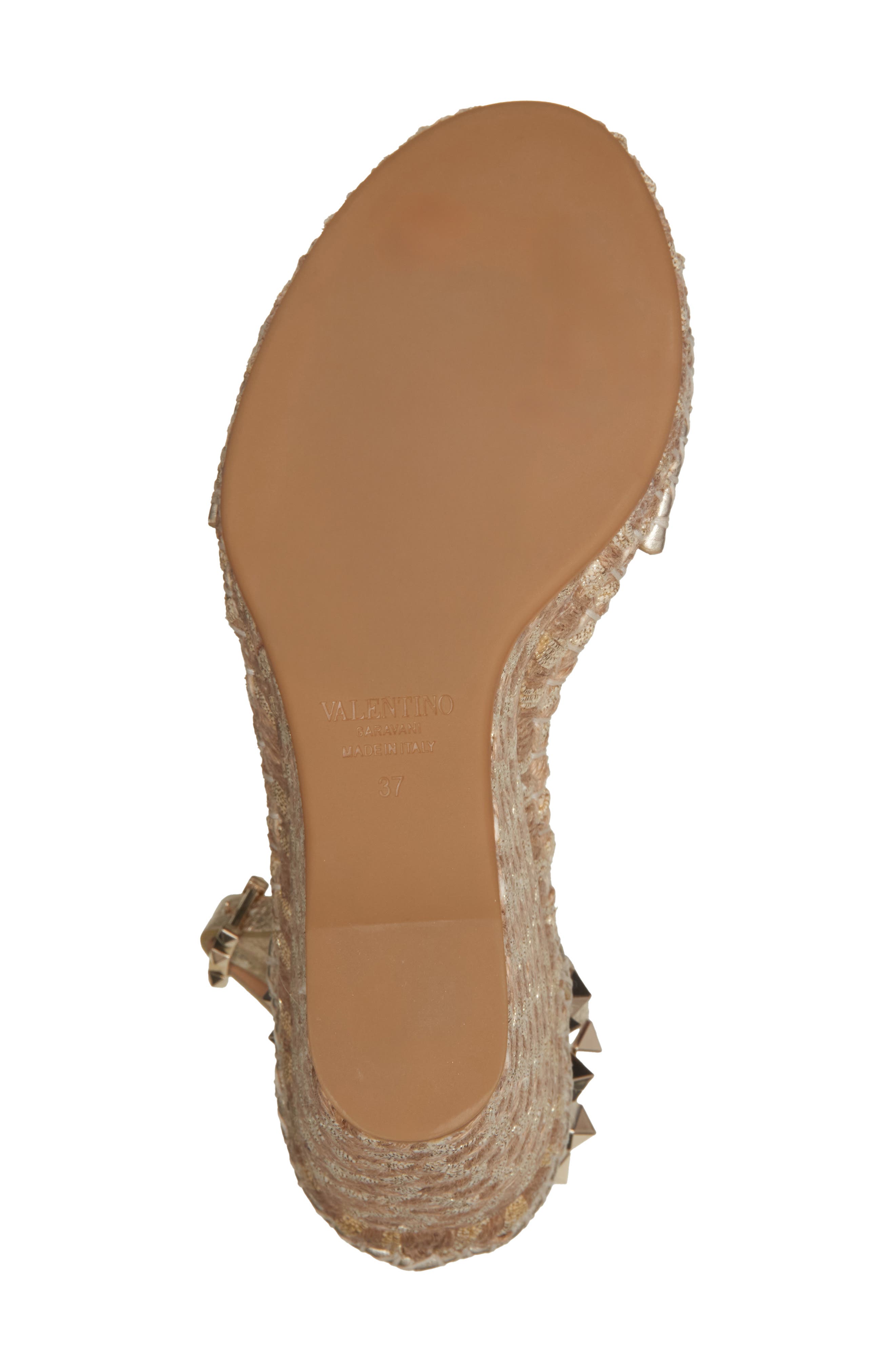 Valentino Garavani Rockstud Metallic Espadrille Wedge Sandal, Alternate, color, Platinum