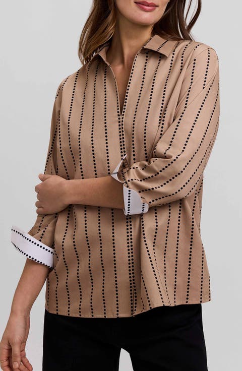 Agnes Dot Stripe Three-Quarter Sleeve Cotton Popover Top