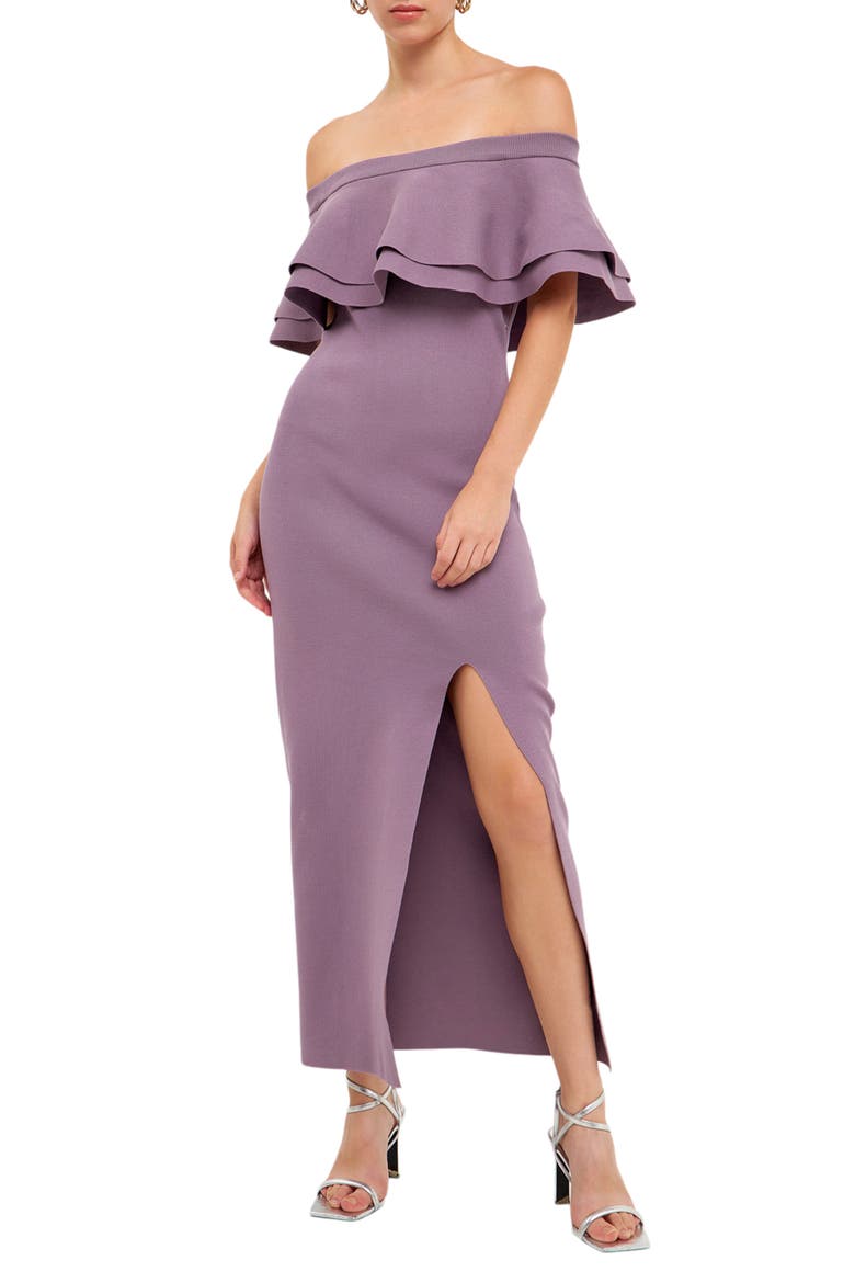 Off the Shoulder Ruffle Maxi Sweater Dress, Main, color, DUSTY LAVENDER