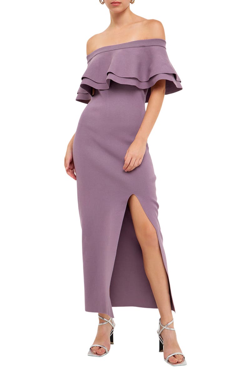 Endless Rose Off the Shoulder Ruffle Maxi Sweater Dress, Main, color, Dusty Lavender