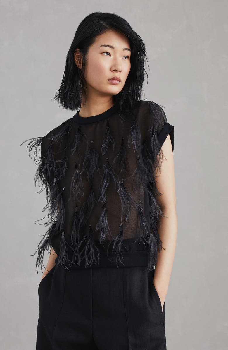 Brunello Cucinelli Crispy silk top with dazzling feather embroidery, Alternate, color, 