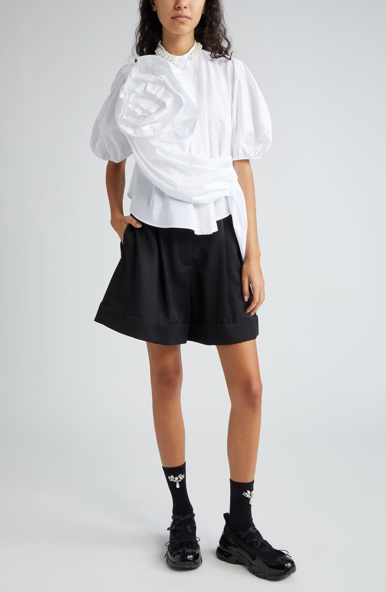 Simone Rocha Beaded Ruffle Puff Sleeve Cotton Button-Up Shirt, Alternate, color, 