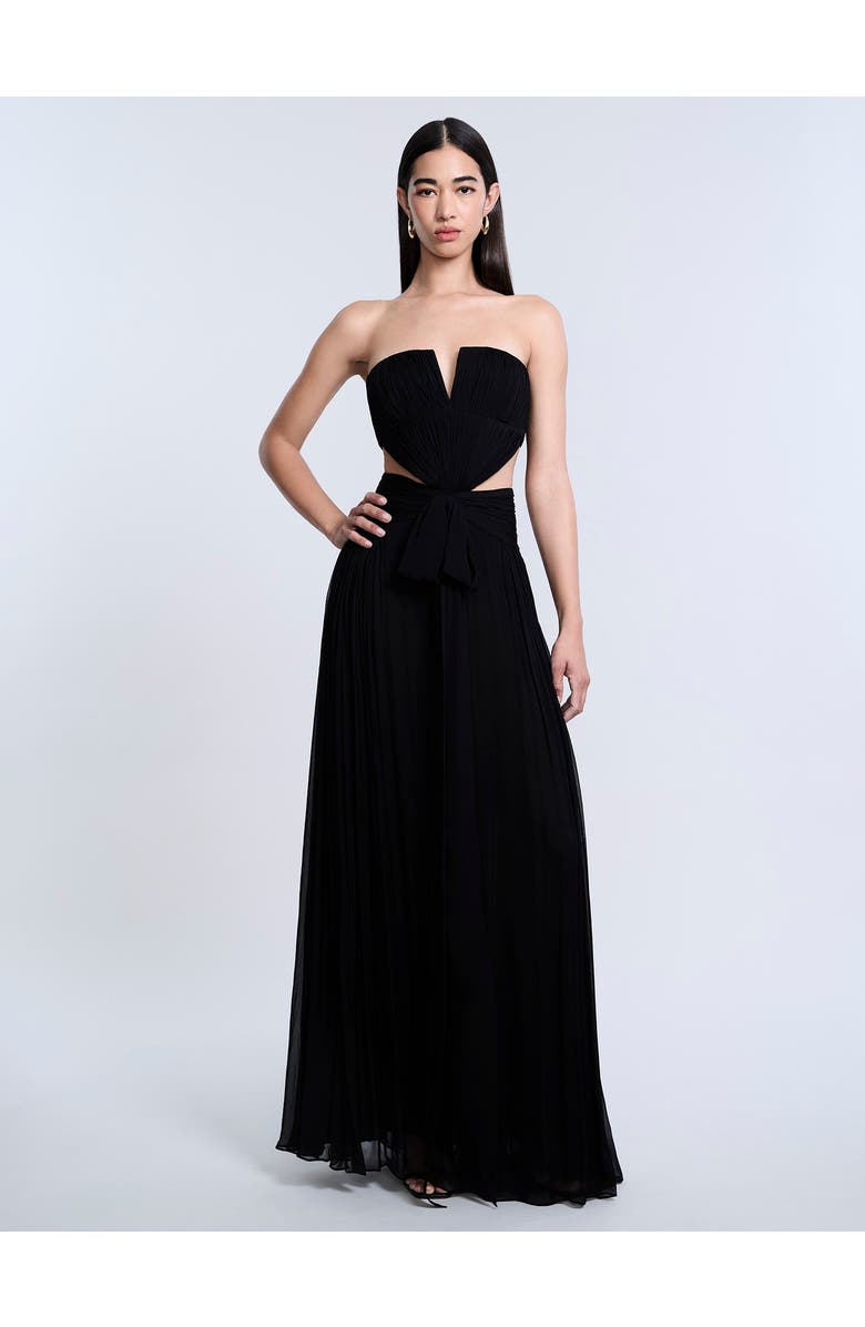 BCBGMAXAZRIA Cutout Shirring Bow Tie Gown, Alternate, color, Black