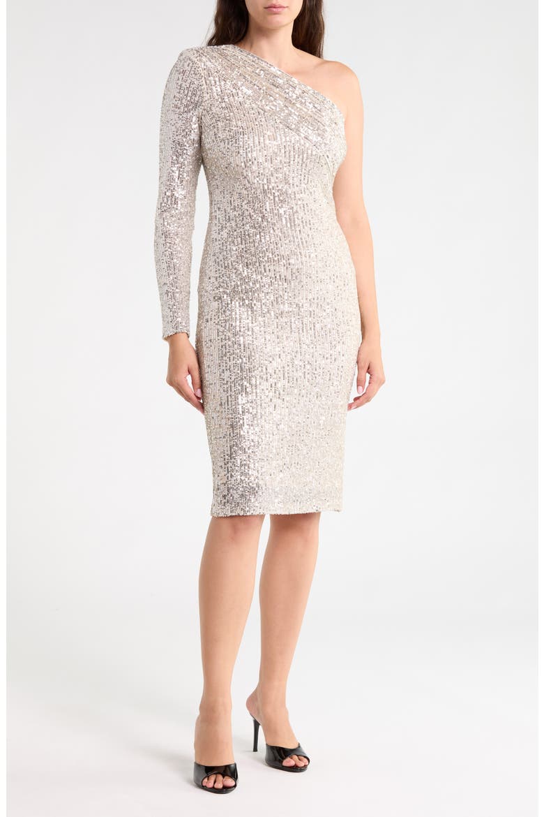 One-Shoulder Long Sleeve Sequin Sheath Dress, Main, color, SIL