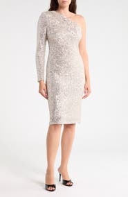 Vince Camuto One-Shoulder Long Sleeve Sequin Sheath Dress