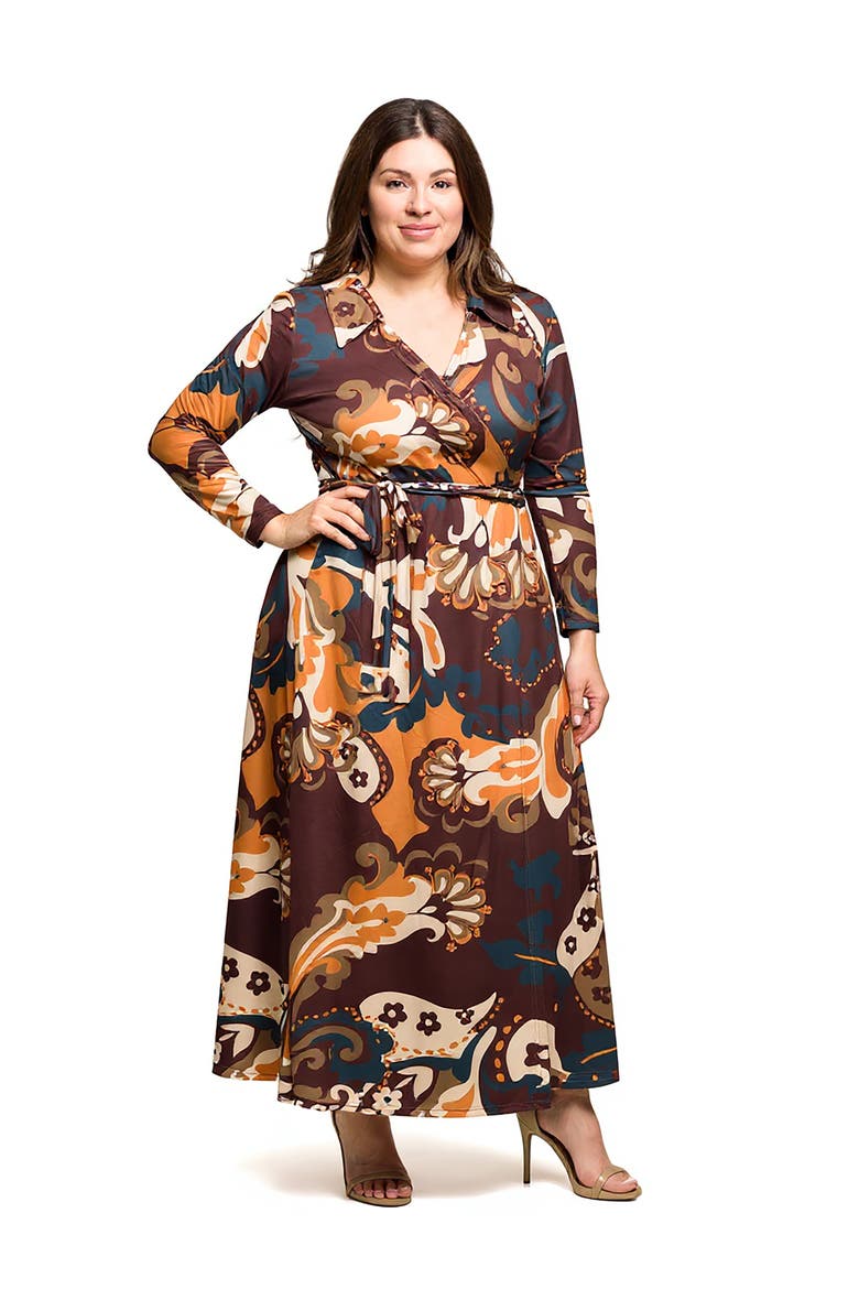 Plus Size  Brown paisley Empire Waist Maxi Dress, Main, color, Brown Multi