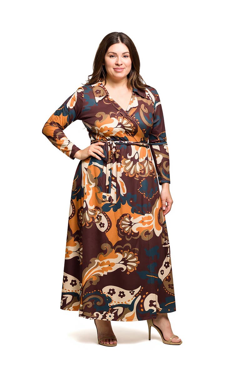 24seven Comfort Apparel Plus Size  Brown paisley Empire Waist Maxi Dress, Main, color, Brown Multi