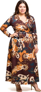 24seven Comfort Apparel Plus Size  Brown paisley Empire Waist Maxi Dress