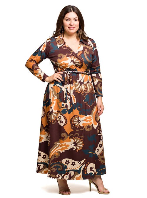 24seven Comfort Apparel Plus Size Paisley Empire Waist Maxi Dress In Brown