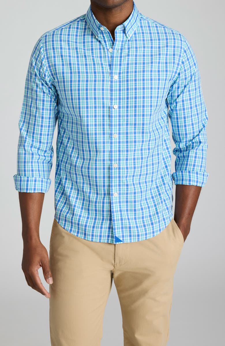 UNTUCKit Kenmare Regular Fit Plaid Wrinkle Free Cotton Button-Down Shirt, Main, color, Blue/ Teal