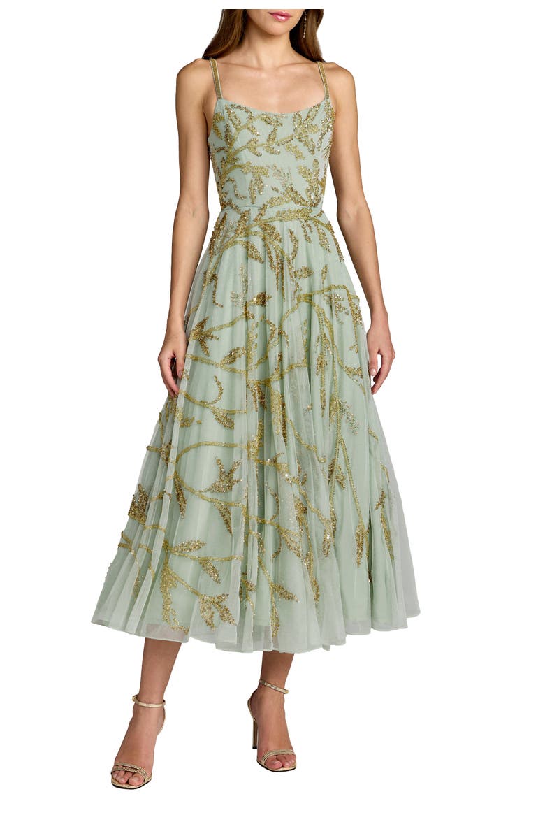 Mac Duggal Spaghetti Strap Floral Hand Beaded Midi Dress, Main, color,