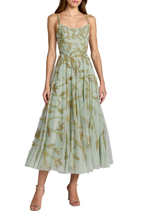 Spaghetti Strap Floral Hand Beaded Midi Dress