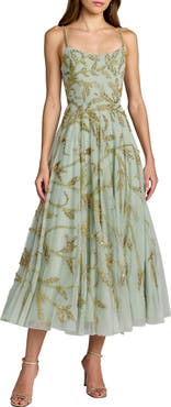 Mac Duggal Spaghetti Strap Floral Hand Beaded Midi Dress