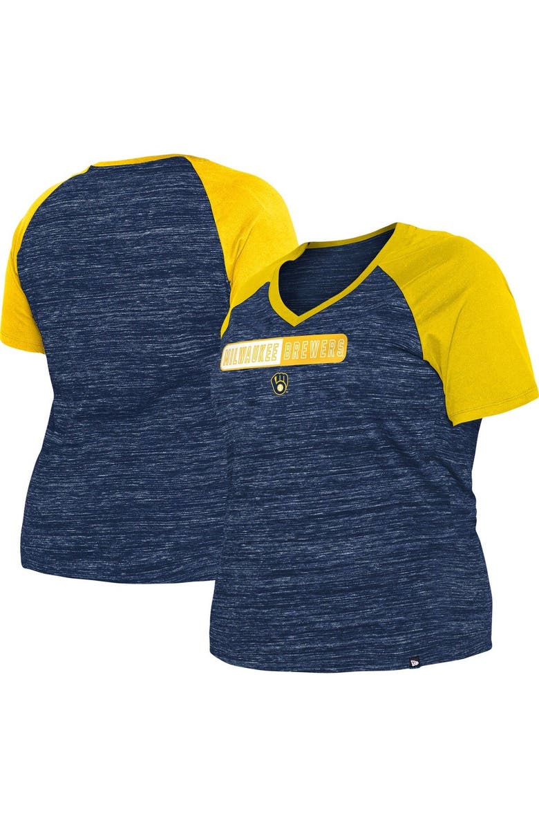 New Era Women's New Era Navy Milwaukee Brewers Plus Size Space Dye Raglan V-Neck T-Shirt, Main, color, Navy