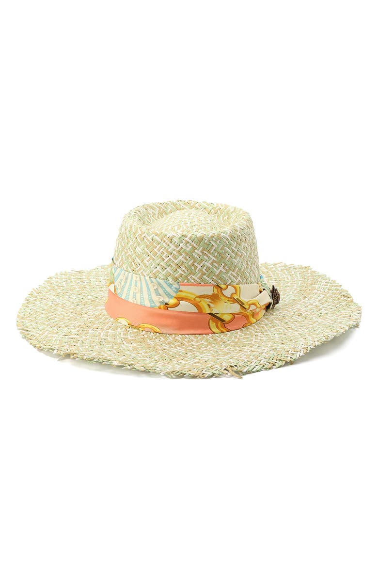 Kurt Geiger London Straw Sun Hat with Floral Print Satin Band, Alternate, color,