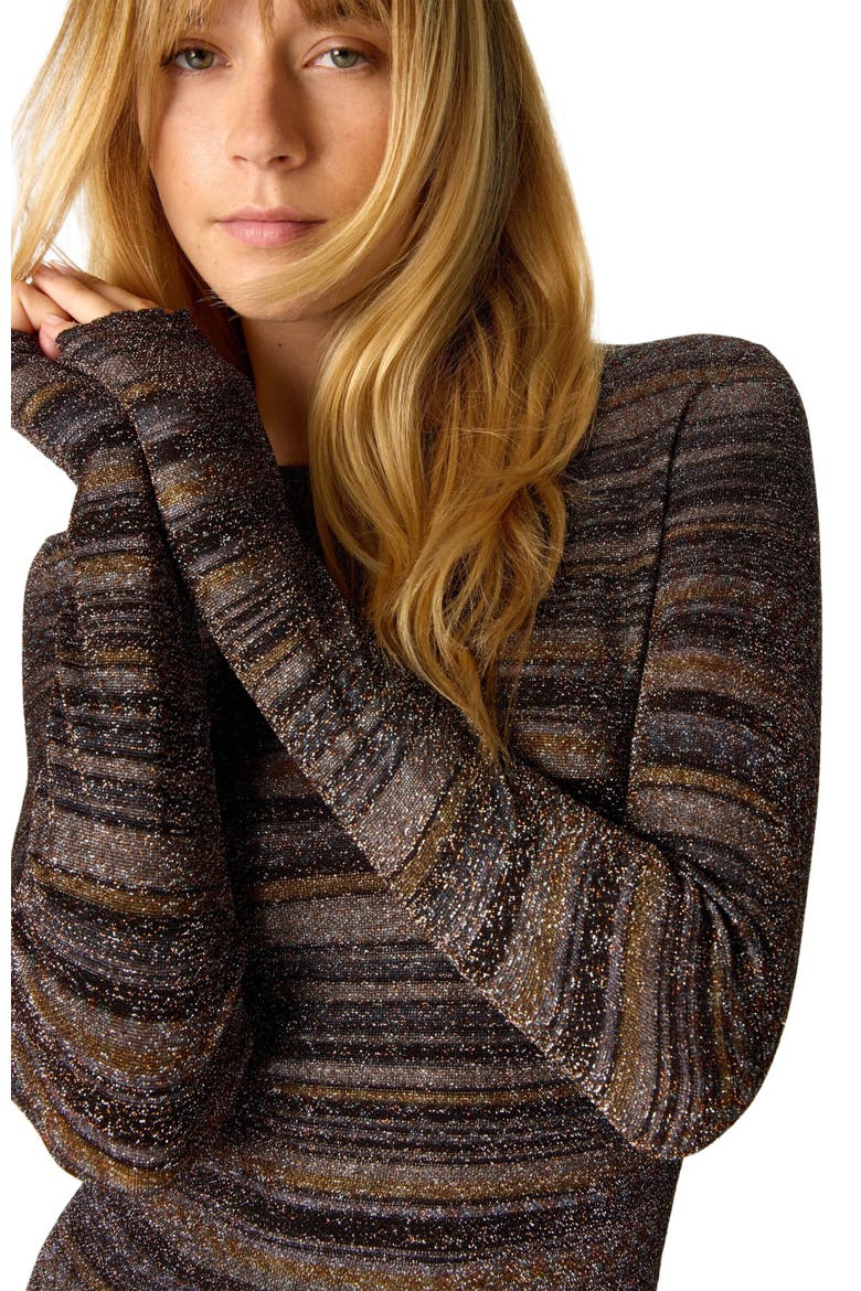 Long Dress In Striped Viscose Lamé With Slit, Alternate, color, Gold& Beige