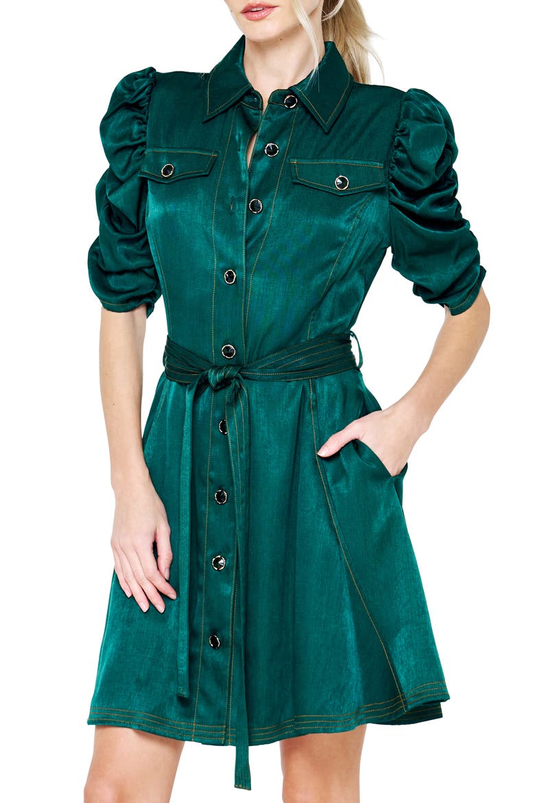 Bryce Puff Sleeve Tie Waist Dress, Alternate, color, EMERALD
