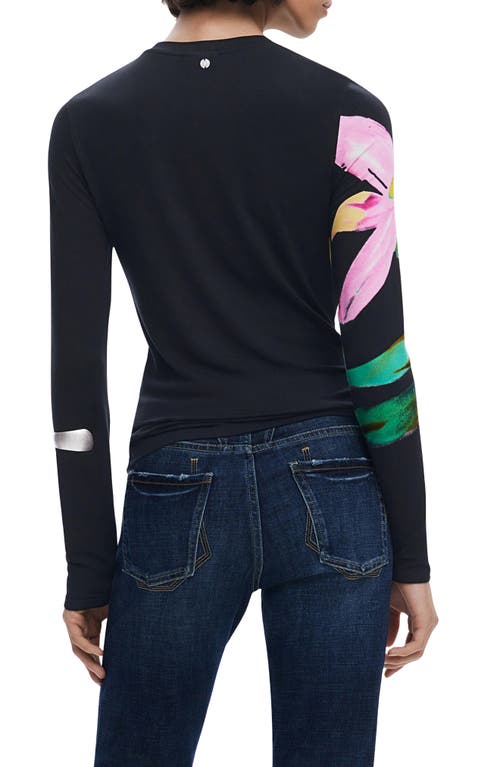 Desigual Abstract Floral Print Long Sleeve T-shirt In Black