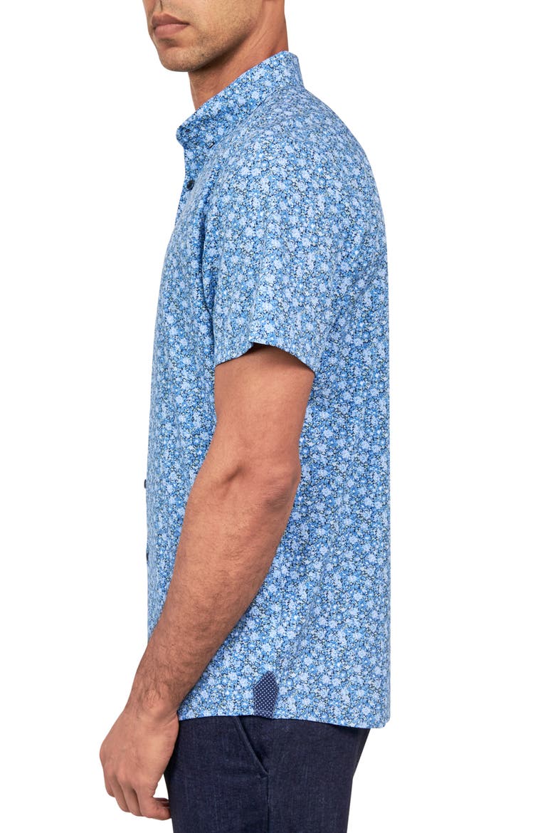 Slim Fit Ditsy Floral 4-Way Stretch Performance Short Sleeve Shirt, Alternate, color, BLUE