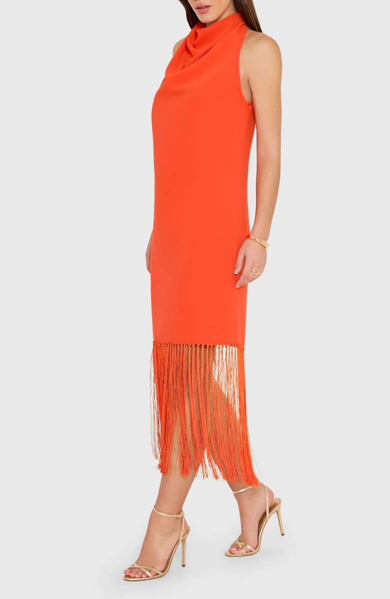 Amanda Uprichard Syd Cowl Neck Fringe Midi Dress, Alternate, color, Mandarin
